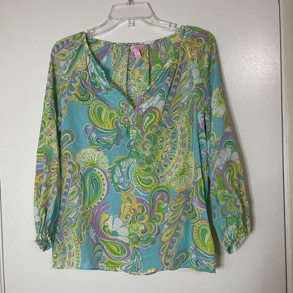 Lilly Pulitzer Sarabeth floral blue green paisley silk blouse top XS - Picture 1 of 4